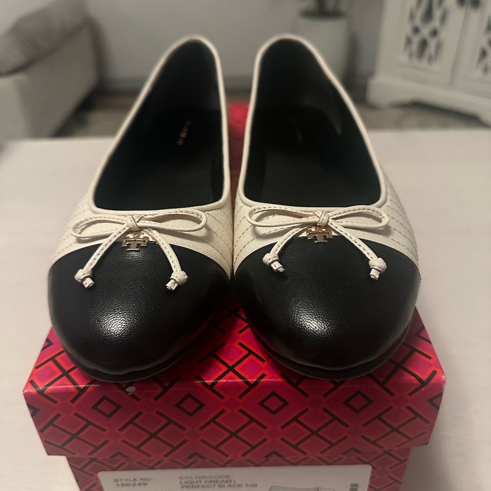 Tory Burch Cap Toe Two-Tone Ballet Flats, Cream/Black, Size 9, Goat Leather